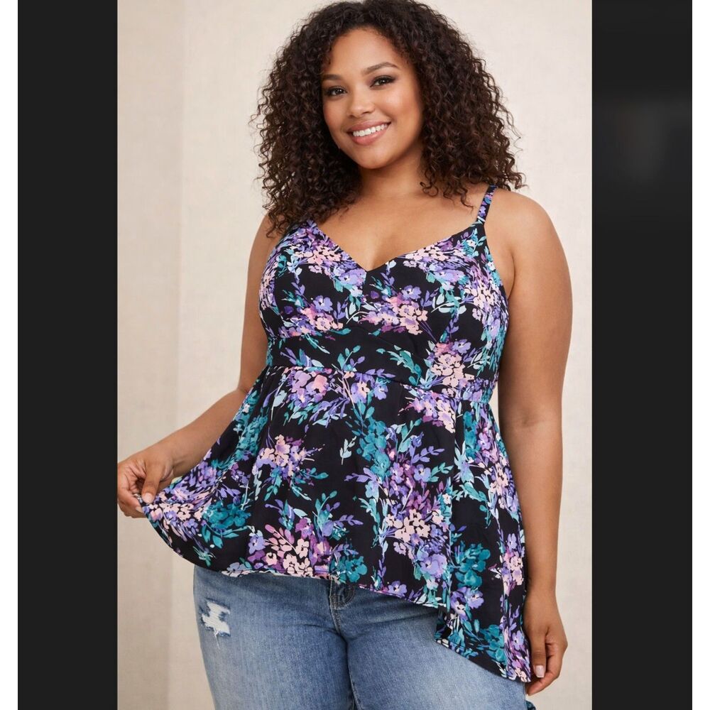 Torrid Peplum Top 1X Black Floral V-Neck Sleeveless Smocked Studio Crepe Resort